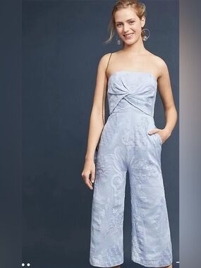 ANTHROPOLOGIE Aijek Natalia Silk Linen Embroidered Strapless Jumpsuit Romper 2